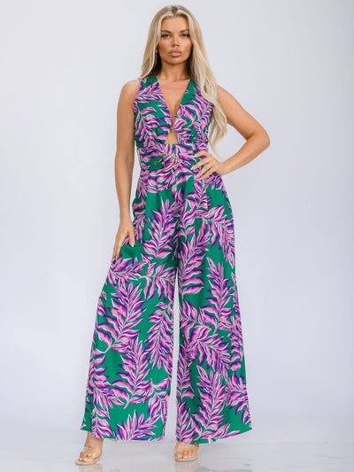 WOMEN'S SLEEVELESS V-NECK BELTED LEAF PRINT WIDE LEG JUMPSUIT