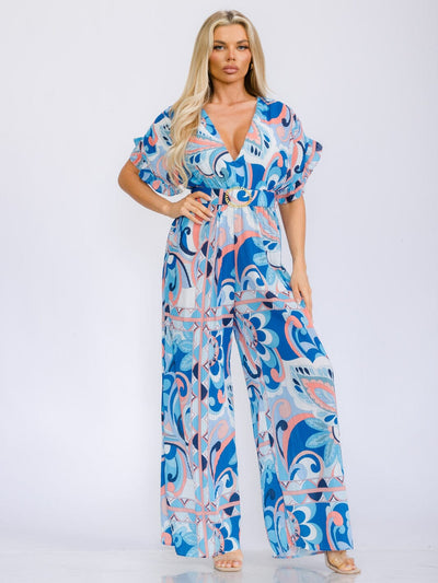 WOMEN'S LONG SLEEVE V-NECK BELTED MULTI PRINT PLEATED WIDE LEG JUMPSUIT