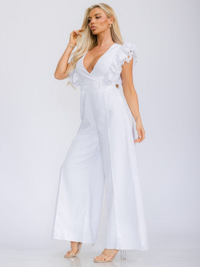 WOMEN'S RUFFLE SLEEVE V-NECK WIDE LEG JUMPSUIT