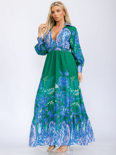 WOMEN'S LONG SLEEVE V-NECK BUTTON UP SMOCK WAIST MULTI PRINT MAXI DRESS