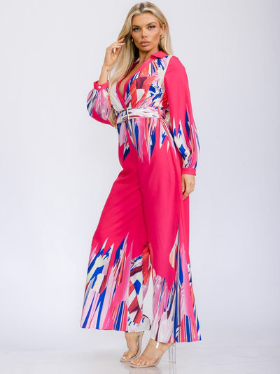 WOMEN'S LONG SLEEVE SURPLICE BELTED MULTI PRINT WIDE LEG JUMPSUIT