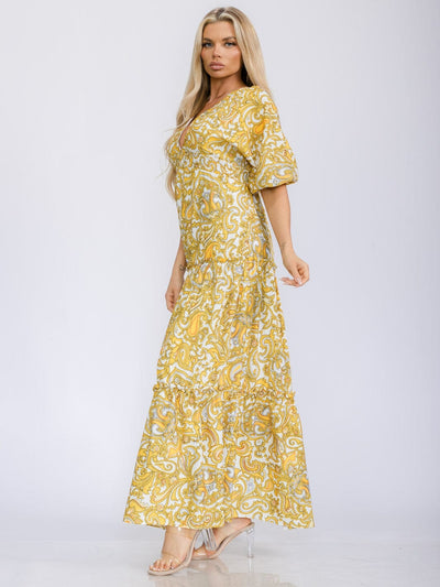 WOMEN'S SHORT SLEEVE V-NECK TIERED PAISLEY PRINT OPEN BACK MAXI DRESS