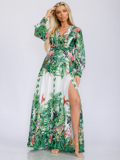 WOMEN'S LONG SLEEVE V-NECK FRONT SLIT FLORAL PRINT MAXI DRESS