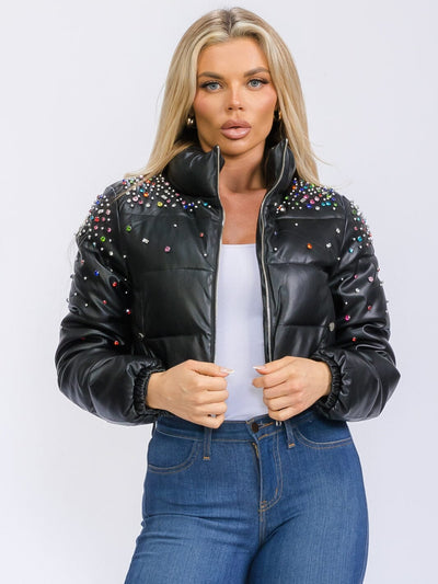 WOMEN'S LONG SLEEVE ZIP UP FRONT POCKETS STUDS DETAILED PU PLEATHER JACKET