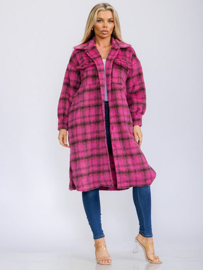 WOMEN'S LONG SLEEVE BUTTON UP POCKETS PLAID COAT