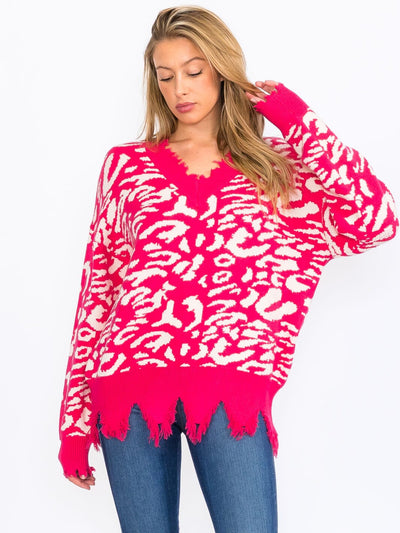 WOMEN'S LONG SLEEVES V-NECK PULLOVER COLORBLOCK ANIMAL PRINT SWEATER