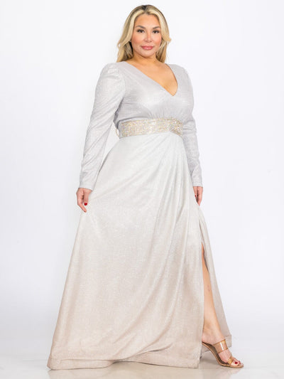 PLUS SIZE LONG SLEEVES V-NECK WAIST DETAILED COLORBLOCK SEQUINS MAXI DRESS