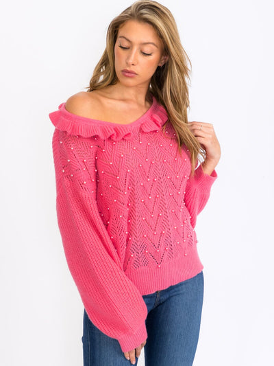 WOMEN'S LONG SLEEVES RUFFLE PEARL KNIT PULLOVER SWEATER