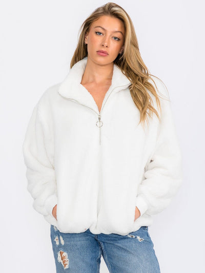 WOMEN'S LONG SLEEVE ZIP UP FRONT POCKETS SHERPA PULLOVER SWEATER