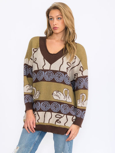 WOMEN'S LONG SLEEVES V-NECK PULLOVER COLORBLOCK MULTI PRINT SWEATER