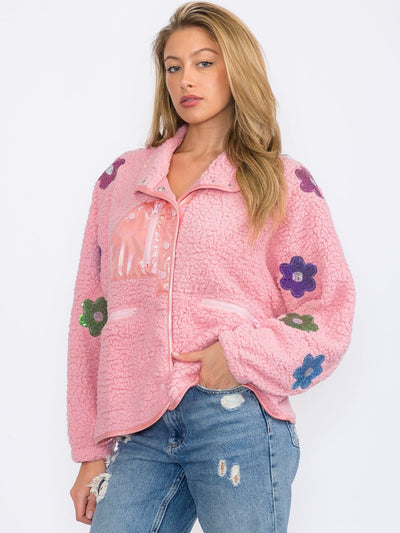 WOMEN'S LONG SLEEVES BUTTON CLOSURE FLOWERS DETAILED SHERPA SWEATER