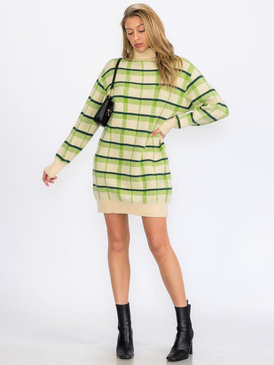 WOMEN'S LONG SLEEVE TURTLE NECK COLORBLOCK SWEATER MINI DRESS