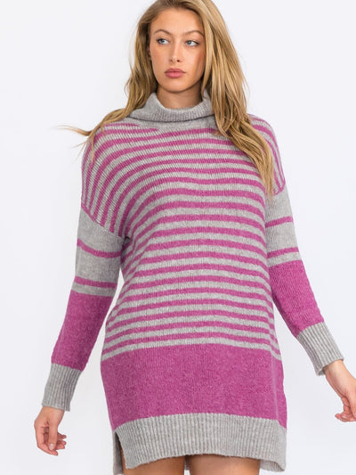 WOMEN'S LONG SLEEVE TURTLE NECK STRIPES COLORBLOCK SWEATER MINI DRESS