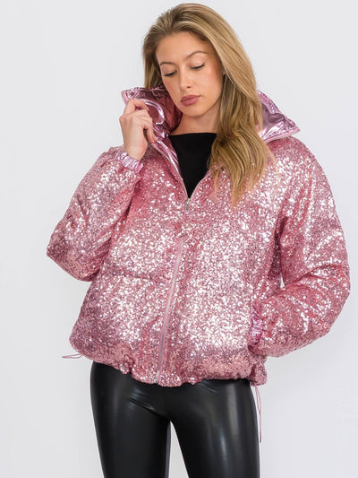 WOMEN'S LONG SLEEVES ZIP UP FRONT POCKETS PUFFER SEQUINS JACKET