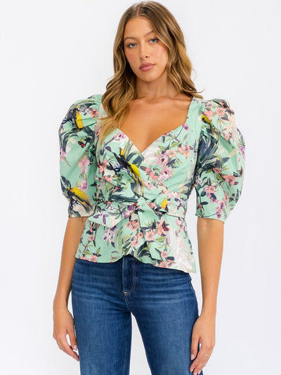 WOMEN'S SHORT PUFF SLEEVE WRAP FLORAL BLOUSE TOP