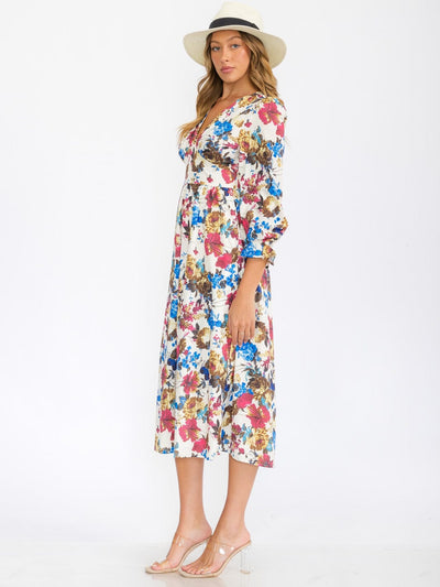 WOMEN'S 3/4 SLEEVES V-NECK ELASTIC WAIST FLORAL PRINT MIDI DRESS