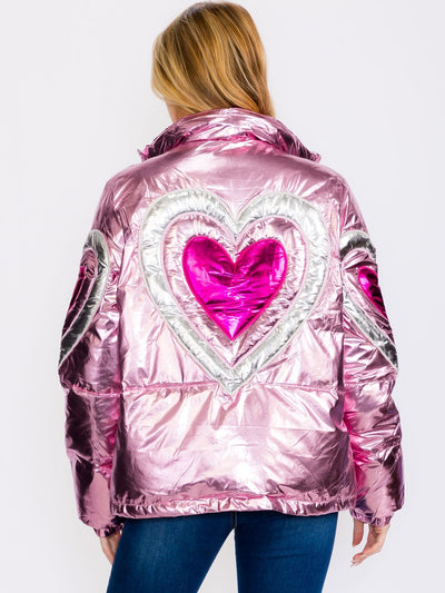 WOMEN'S LONG SLEEVES ZIP UP HEART PRINT METALLIC JACKET