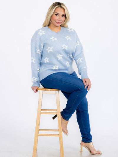 PLUS SIZE LONG SLEEVES PULLOVER COLORBLOCK STARS PRINT SWEATER