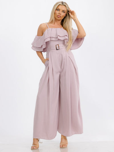 WOMEN'S OFF SHOULDER RUFFLE BELTED POCKETS WIDE LEG JUMPSUIT