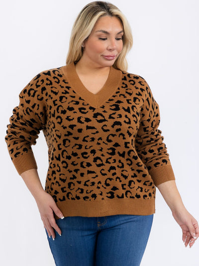 PLUS SIZE LONG SLEEVES V-NECK PULLOVER COLORBLOCK ANIMAL PRINT SWEATER