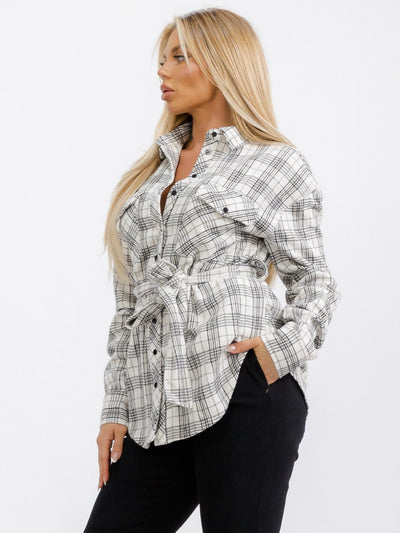 WOMEN'S LONG SLEEVE BUTTON UP SELF TIE FRONT POCKETS PLAID TOP