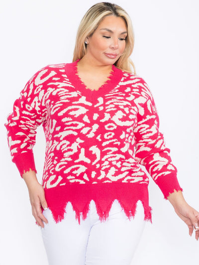 PLUS SIZE LONG SLEEVES V-NECK PULLOVER COLORBLOCK ANIMAL PRINT SWEATER