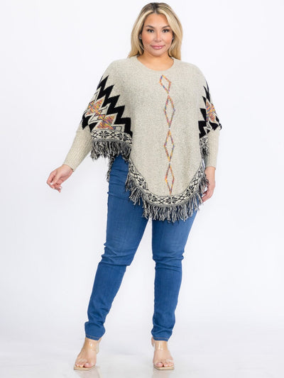 PLUS SIZE LONG SLEEVES PULLOVER COLORBLOCK PRINTED PONCHO