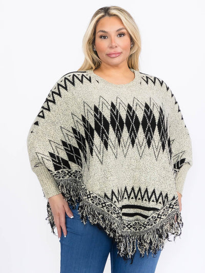 PLUS SIZE LONG SLEEVES PULLOVER COLORBLOCK PRINTED PONCHO