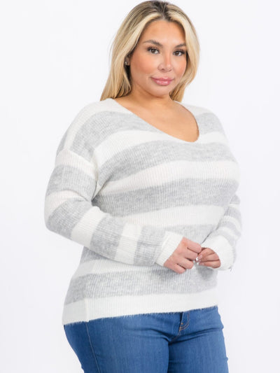 PLUS SIZE LONG SLEEVES PULLOVER V-NECK COLORBLOCK STRIPES SWEATER