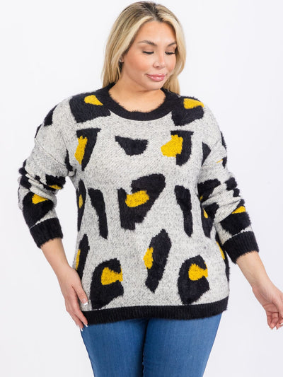 PLUS SIZE LONG SLEEVES PULLOVER COLORBLOCK ANIMAL PRINT SWEATER