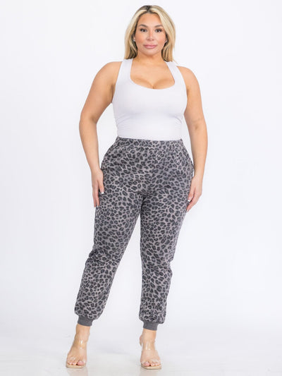 PLUS SIZE ELASTIC WAIST FRONT POCKETS ANIMAL PRINT JOGGER PANTS