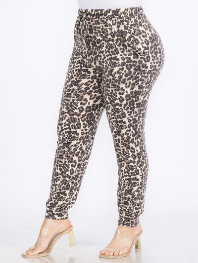 PLUS SIZE ELASTIC WAIST SELF TIE POCKETS ANIMAL PRINT SKINNY PANTS