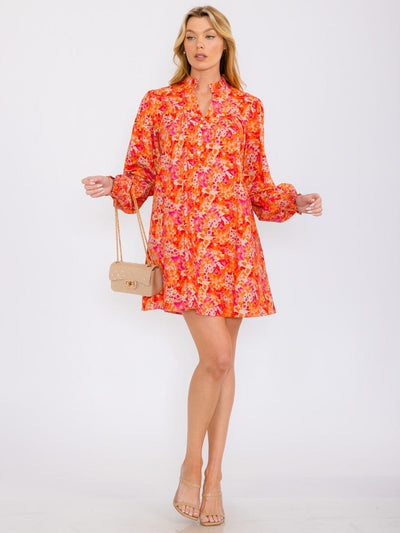 WOMEN'S LONG SLEEVES BUTTON UP POCKETS FLORAL MINI DRESS