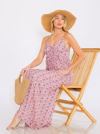 WOMEN'S SLEEVELESS V-NECK FLORAL TIERED MAXI DRESS