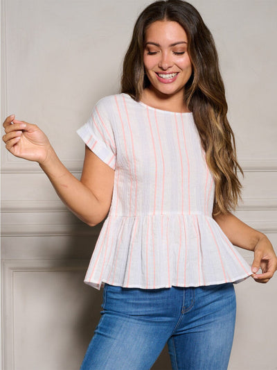 WOMEN'S SHORT SLEEVE MULTI STRIPES PEPLUM BLOUSE TOP