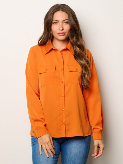 WOMEN'S LONG SLEEVE BUTTON UP FRONT POCKETS BLOUSE TOP