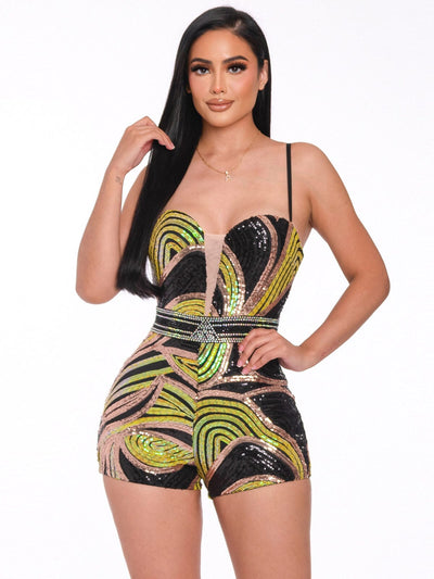 WOMEN'S SLEEVELESS MULTI PRINT SEQUINS ROMPER