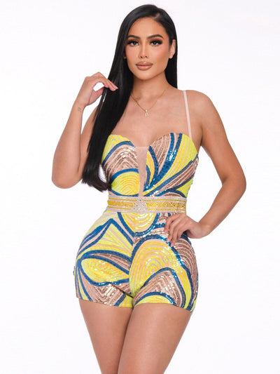 WOMEN'S SLEEVELESS MULTI PRINT SEQUINS ROMPER