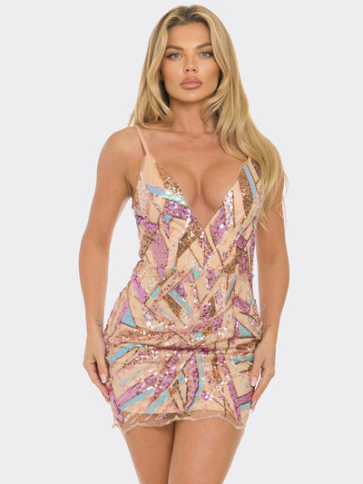 WOMEN'S SLEEVELESS V-NECK BODYCON SEQUINS MINI DRESS