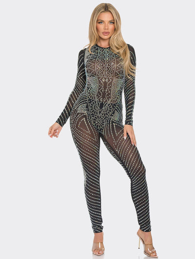 WOMEN'S LONG SLEEVE SEQUINS MESH JUMPSUIT