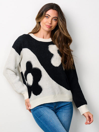 WOMEN'S LONG SLEEVE COLORBLOCK FLORAL SWEATER