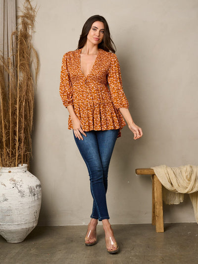 WOMEN'S 3/4 SLEEVES V-NECK HIGH-LOW FLORAL TUNIC TOP