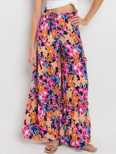 WOMEN'S ELASTIC WAIST TIERED WIDE LEG FLORAL PANTS