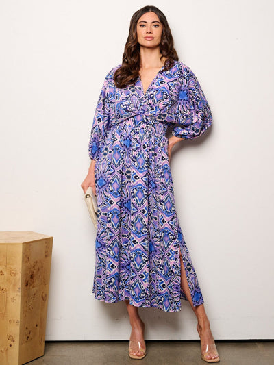 WOMEN'S 3/4 SLEEVELES V-NECK SMOCK WAIST MULTI PRINT MAXI DRESS