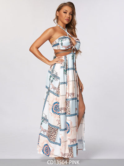 WOMEN'S SLEEVELESS V-NECK CUT OUT MULTI PRINT MAXI DRESS