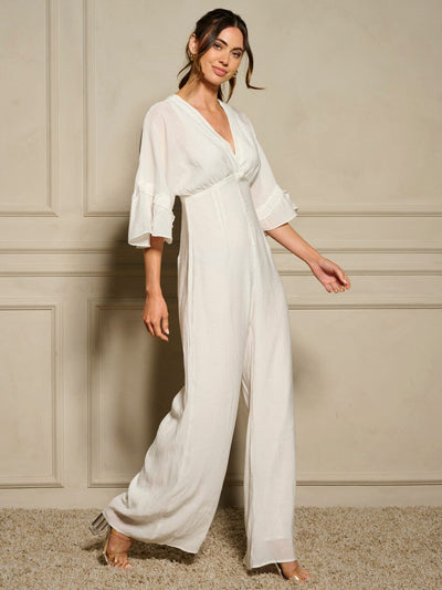 WOMEN'S SHORT SLEEVE V-NECK RUFFLE WIDE LEG JUMPSUIT