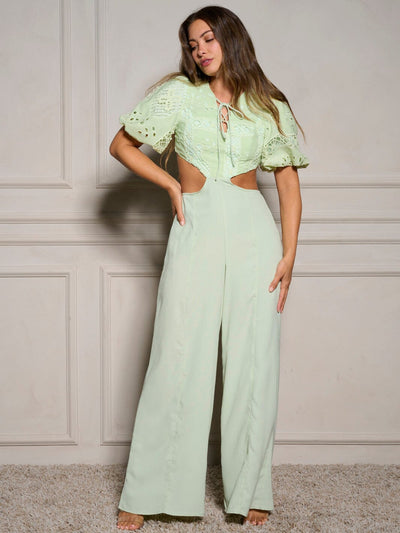 WOMEN'S SHORT SLEEVE V-NECK CUT OUT WIDE LEG JUMPSUIT