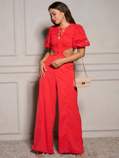 WOMEN'S SHORT SLEEVE V-NECK CUT OUT WIDE LEG JUMPSUIT