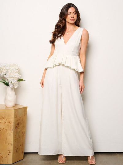 WOMEN'S SLEEVELESS V-NECK RUFFLE WAIST WIDE LEG JUMPSUIT