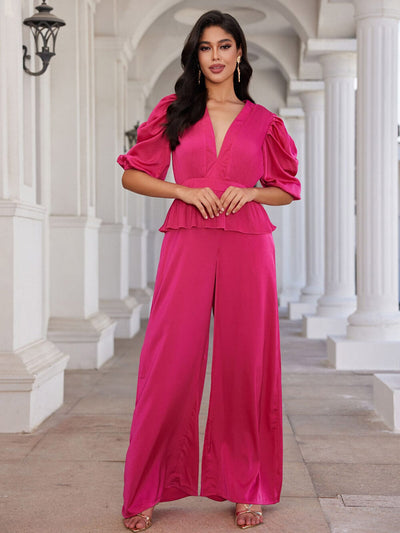 WOMEN'S SHORT PUFF SLEEVES V-NECK WIDE LEG JUMPSUIT